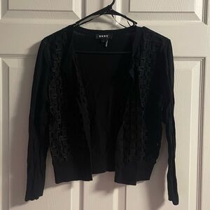 NWOT DKNY Women's Elegant Black Mesh Front Pattern Open-Front Cardigan